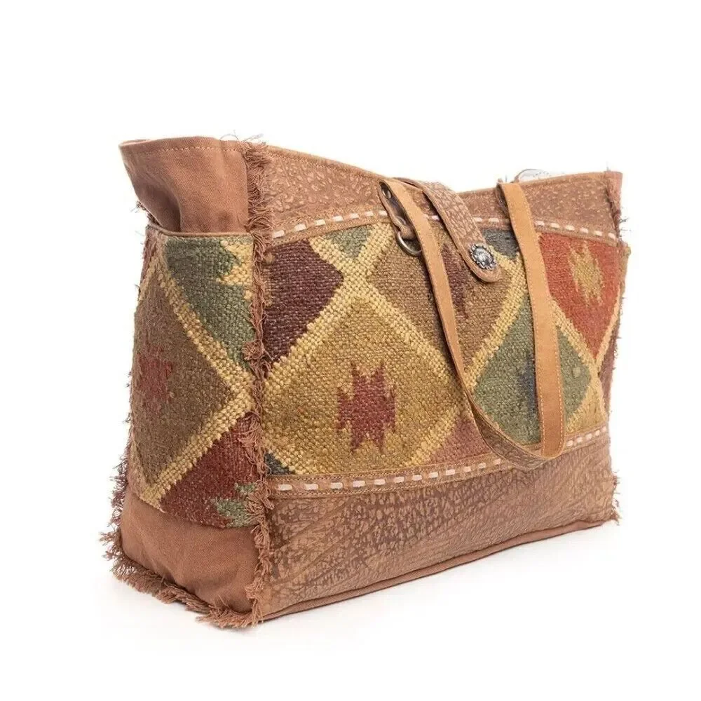 Myra Bag Handmade Mahsen Weekender Bag Upcycled Canvas & Cowhide Leather